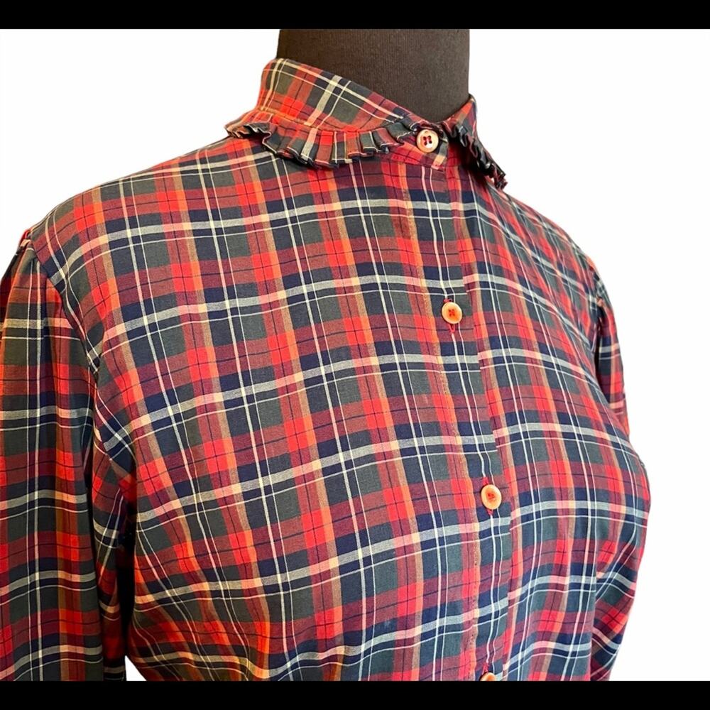 Vtg Levi Strauss & Co Plaid Ruffle Neck Romantic Rustic Shirt Womens Size 10